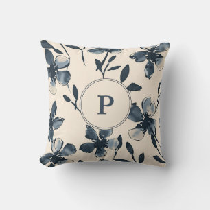 Coussin Monogramme Floral Élégant Bleu Aquarelle Crème
