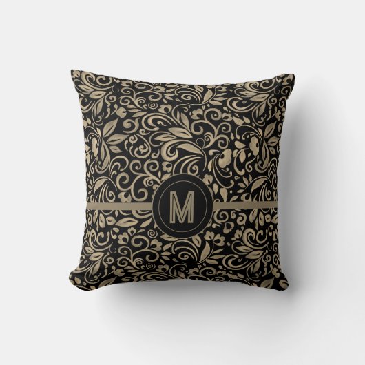 Coussin Monogramme Floral Élégant Noir Argent (Recto)