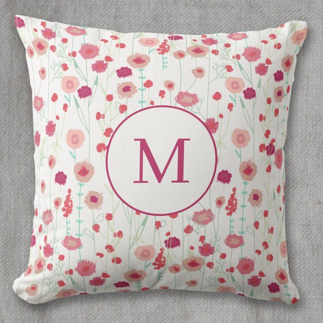 Coussin Monogramme Floral Motif Botanique rose (Modern floral monogram personalized initial art throw pillow)