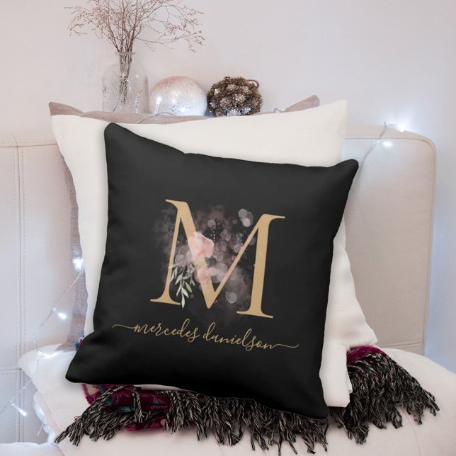 Coussin Monogramme floral noir et or moderne (Créateur téléchargé)