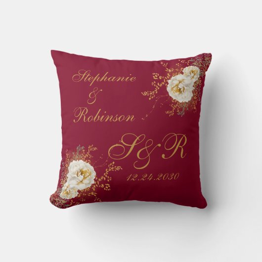 Coussin Monogramme Floral Or Sur Cadeau Mariage Bourgogne (Recto)