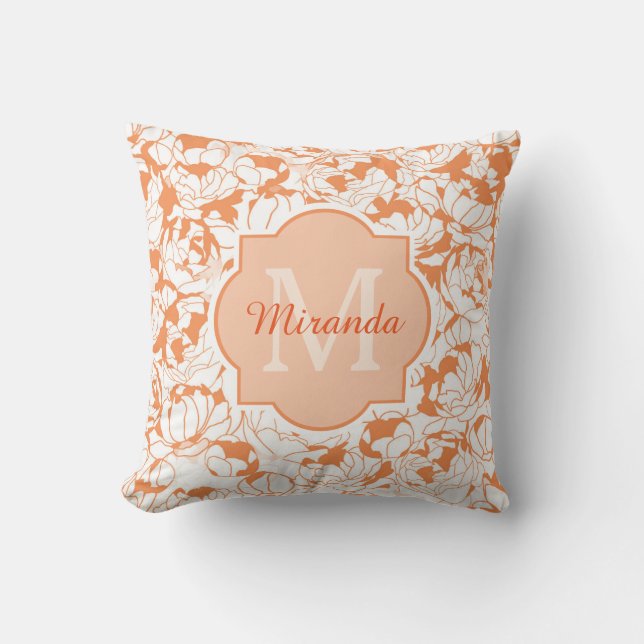Coussin Monogramme Floral Orange Moderne Avec Nom (Recto)