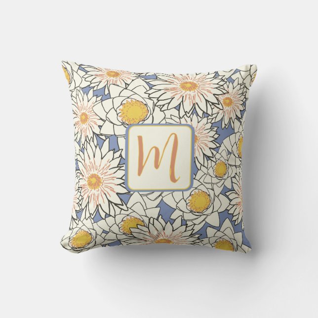 Coussin Monogramme floral printanier jaune bleu (Recto)