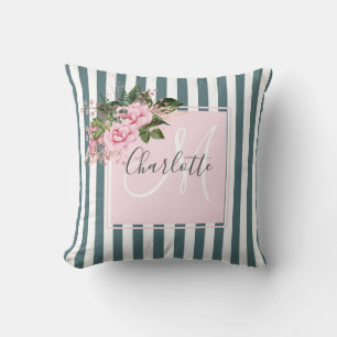 Coussin monogramme floral rayures océaniques rose vif