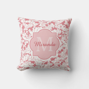 Coussin Monogramme Floral Rose Lumière Moderne Avec Nom