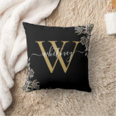 Coussin Monogramme floral Rose noir et or Nom du script (Couverture)