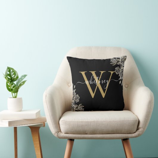 Coussin Monogramme floral Rose noir et or Nom du script (Chaise)