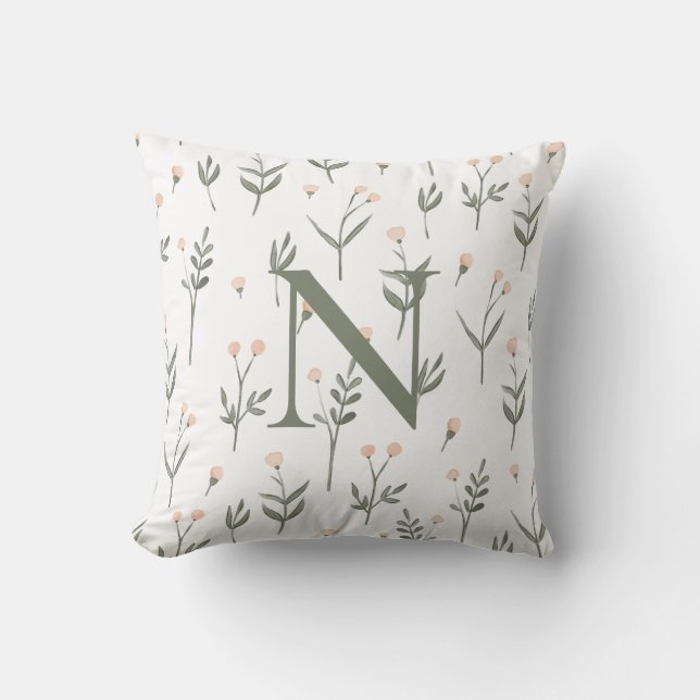 Coussin Monogramme floral rose pâle Fleur sauvage délicat (Recto)