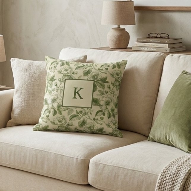 Coussin Monogramme Floral Vert Botanique Vintage (Créateur téléchargé)