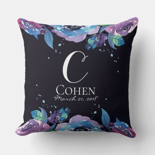 Coussin Monogramme floral violet bleu lunatique (Recto)