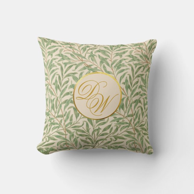 Coussin Monogramme Foliage Morris Vert Feuilles Faux Gold (Recto)