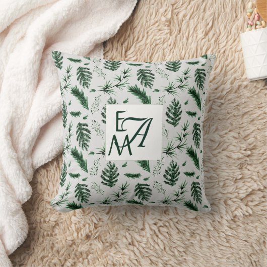 Coussin Monogramme Forêt Vert Feuilles Botanique 3 Initial (Couverture)