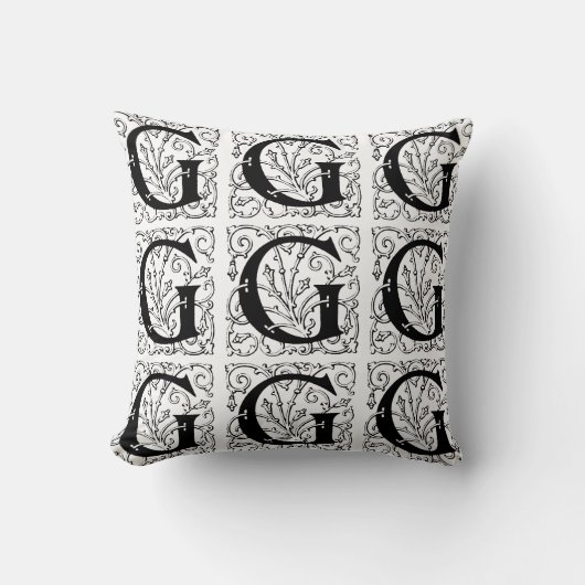 Coussin Monogramme G Modèle floral noir et blanc initial (Recto)