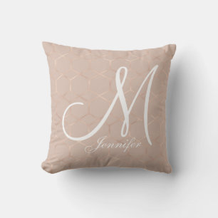 Coussin Monogramme géométrique d'hexagone Rose moderne et