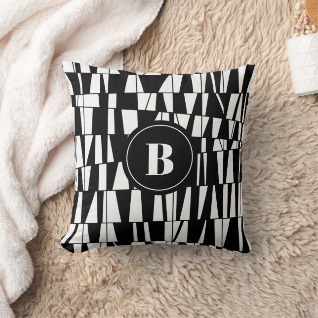 Coussin Monogramme géométrique personnalisé noir et blanc (Couverture)