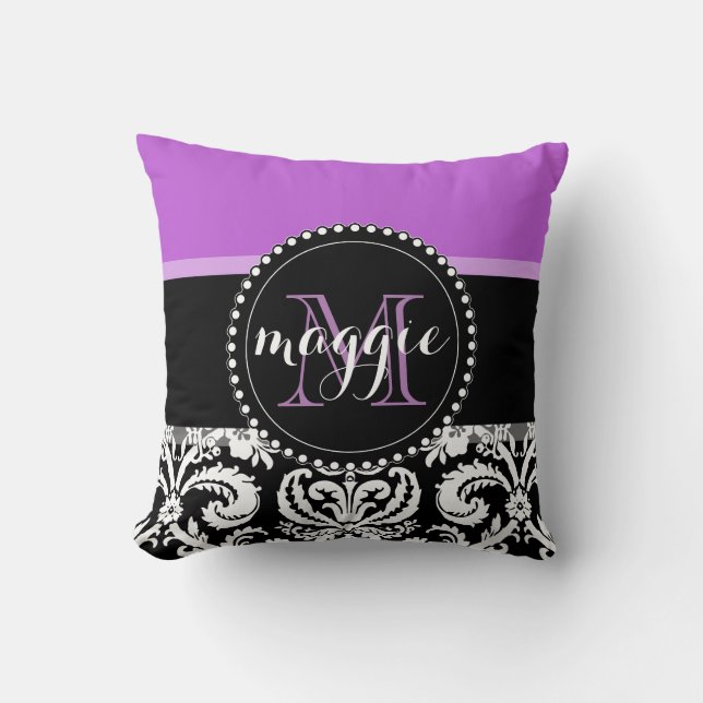 Coussin Monogramme Girly de damassé noire pourpre (Recto)
