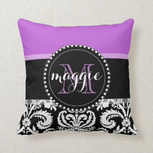 Coussin Monogramme Girly de damassé noire pourpre
