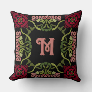 Coussin Monogramme Goth Art Nouveau Rose et Dahlia Reds