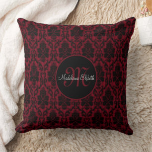Coussin Monogramme gothique rouge et noir damassé