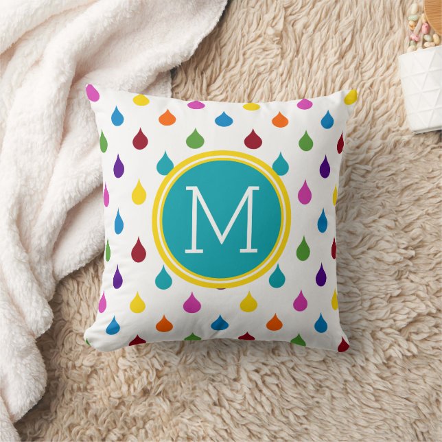 Coussin Monogramme gouttes de pluie Arc-en-ciel brillant (Couverture)