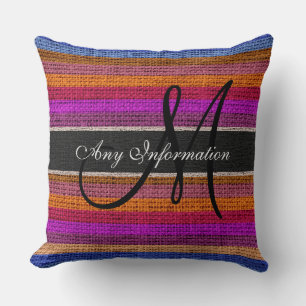 Coussin Monogramme Grilles colorées Burlap Rustique Juute