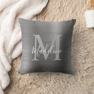 Coussin Monogramme gris argenté moderne en métal brossé