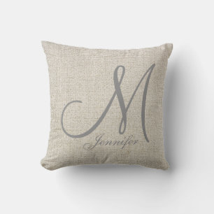 Coussin Monogramme GRIS de toile léger du BEIGE ECRU