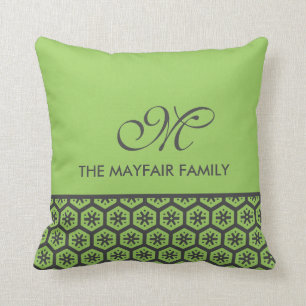 Coussin Monogramme gris floral de famille de vert de chaux