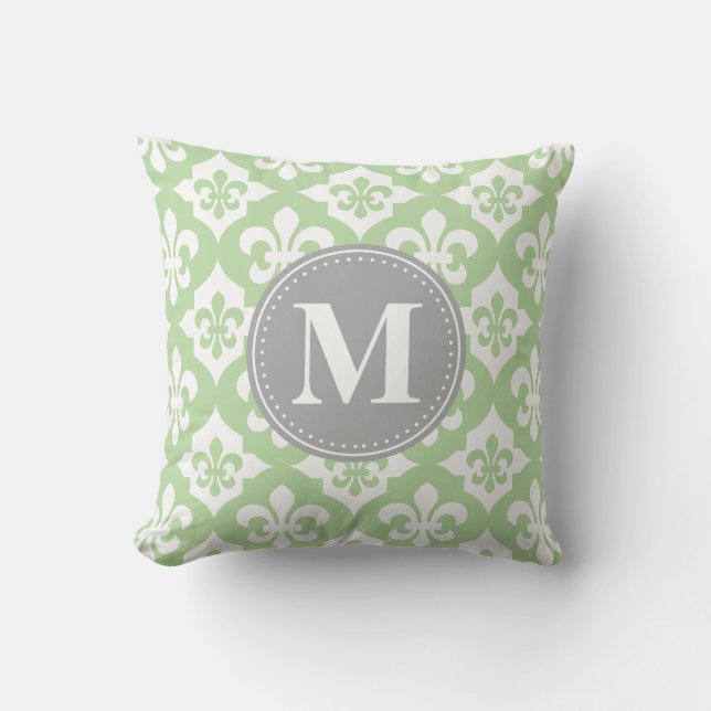 Coussin Monogramme gris vert à la menthe de fleur de lis (Recto)