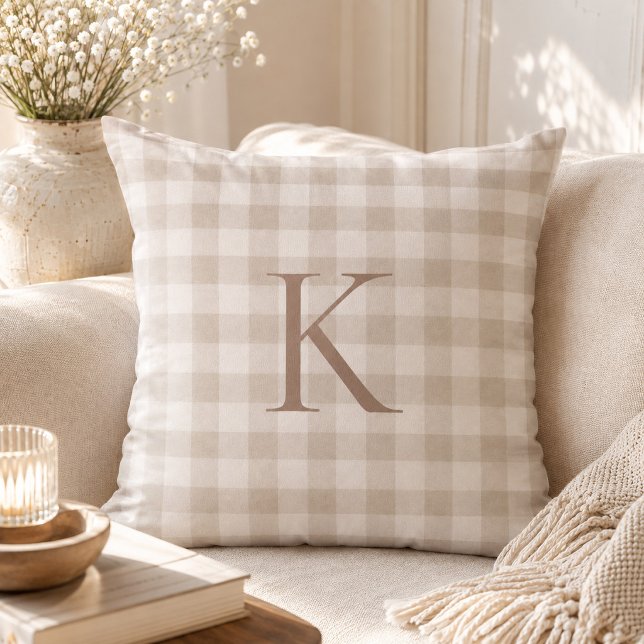 Coussin Monogramme Héritage Gingham Neutre Douceur Personn (Créateur téléchargé)