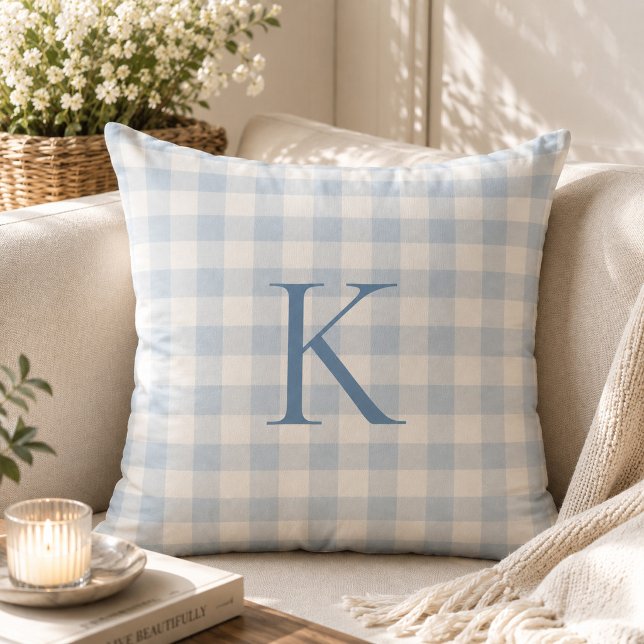 Coussin Monogramme Héritage personnalisé en Gingham Bleu C (Créateur téléchargé)