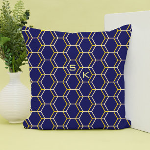 Coussin Monogramme hexagone motif bleu jaune Manly Élégant