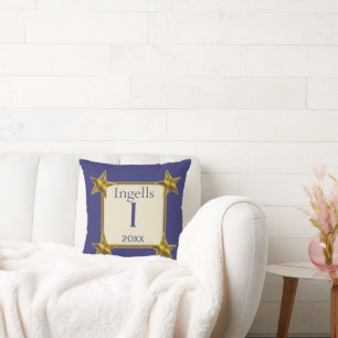 Coussin Monogramme Initial Bleu Or Étoiles Lettre I Souven