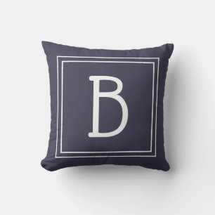 Coussin Monogramme Initial Cadre Chic Bleu Minuit & Blanc