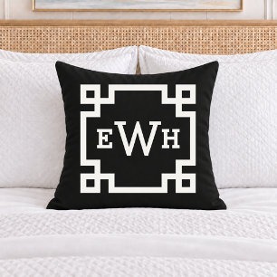 Coussin Monogramme Initial Clé Grecque Blanc Noir Gras