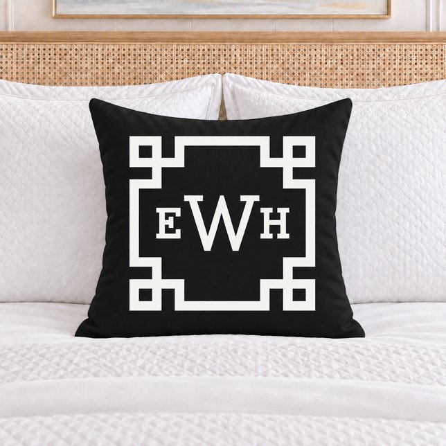 Coussin Monogramme Initial Clé Grecque Blanc Noir Gras (Créateur téléchargé)