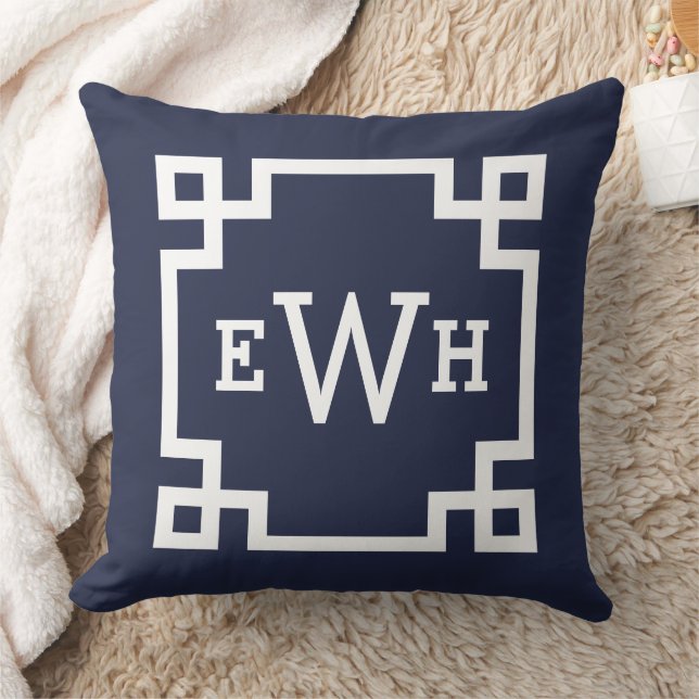 Coussin Monogramme Initial Clé Grecque Bleu Minuit (Couverture)