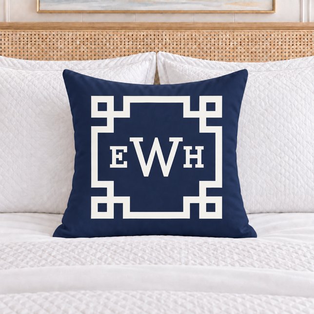 Coussin Monogramme Initial Clé Grecque Navy Classique (Créateur téléchargé)