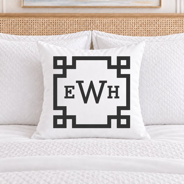 Coussin Monogramme Initial Clé Grecque Noir Blanc Classiqu (Créateur téléchargé)