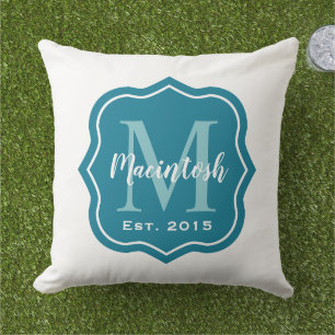 Coussin Monogramme Initial de Famille Élégant Sarcelle