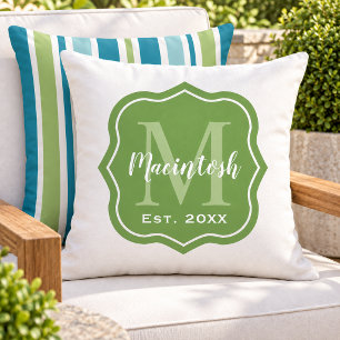Coussin Monogramme Initial de Famille Vert Élégant