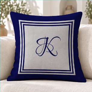 Coussin Monogramme initial élégant à motif carré bleu gris