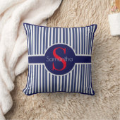 Coussin Monogramme Initial Élégant Rayé Navy Rouge (Couverture)