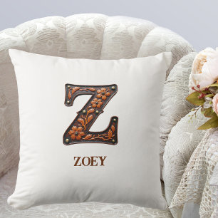Coussin Monogramme Initial en Cuir Occidental Travaillé Z