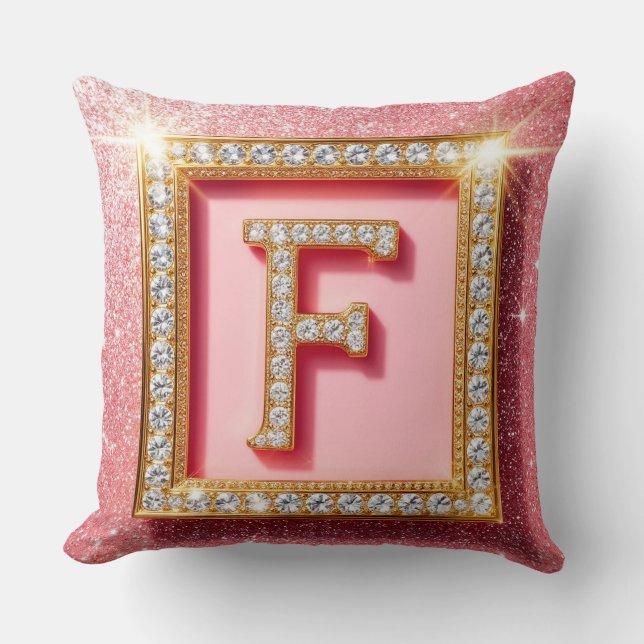Coussin Monogramme initial F diamant pailleté rose cadre o (Recto)
