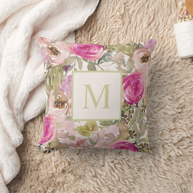 Coussin Monogramme initial floral aquarelle rose  (Couverture)