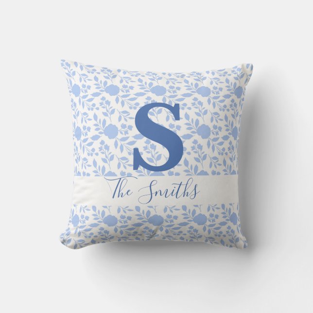 Coussin Monogramme initial Floral blanc et bleu clair (Recto)