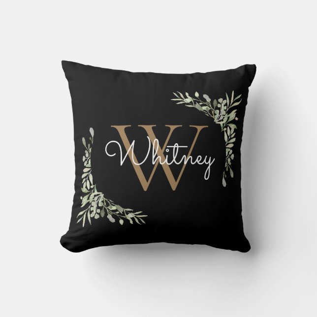 Coussin Monogramme Initial Floral Vert Noir Or Script (Recto)