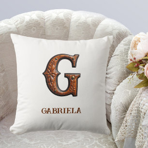 Coussin Monogramme Initial G en Cuir Occidental Travaillé