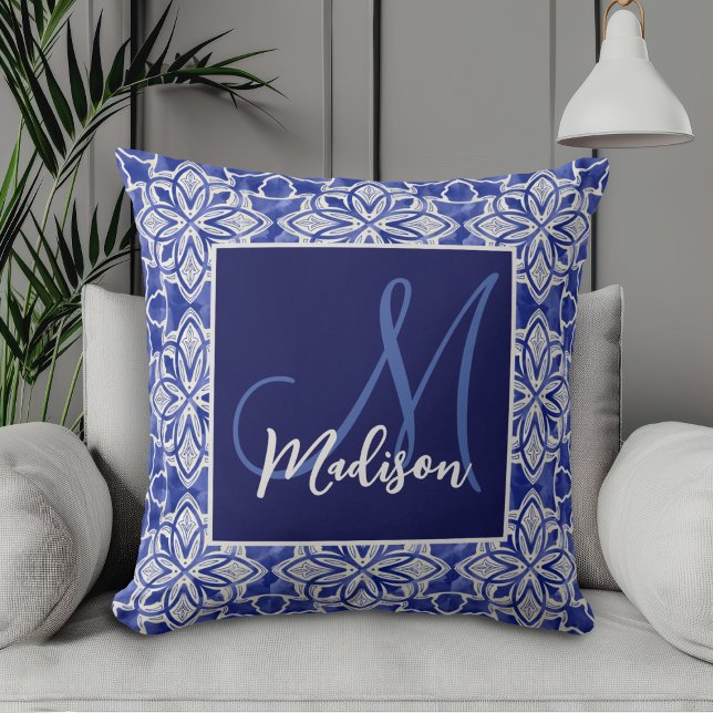 Coussin Monogramme Initial Géométrique Gris Bleu Élégant (Créateur téléchargé)